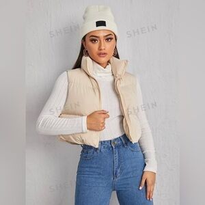 SHEIN EZwear Solid Zipper Crop Puffer Gilet Beige Size Large